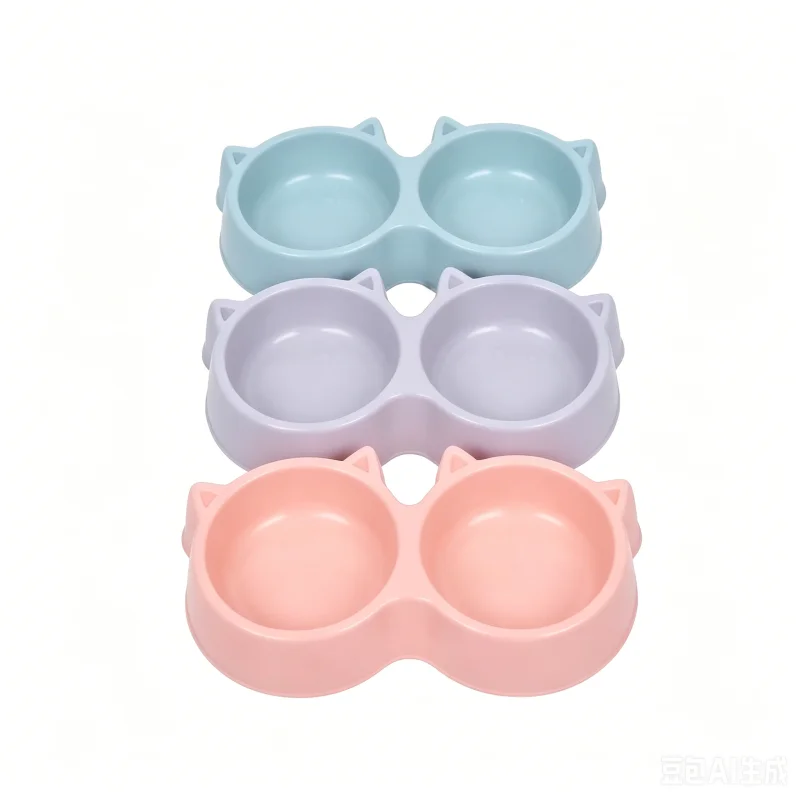 Plastic Pet Bowls and Double Feeding Bowls - Cat-head plastic double bowl