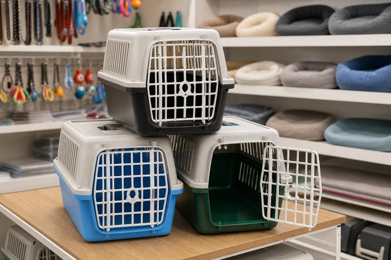 Plastic pet carriers displayed for pet store retail assortments