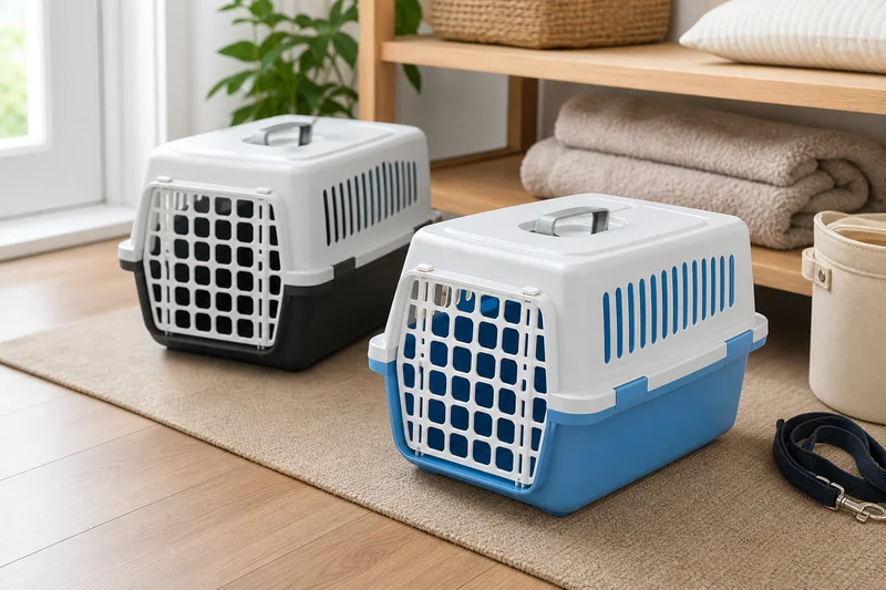 Plastic pet carrier for cat and small dog travel preparation