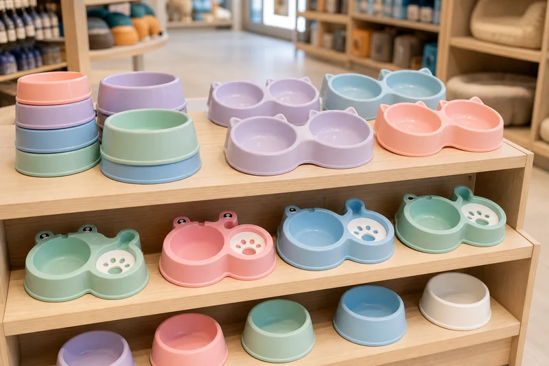 Plastic pet bowls displayed on a pet store shelf for feeding assortments