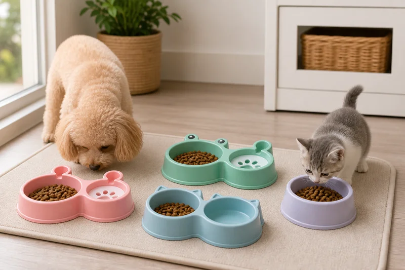 Plastic pet bowls used in a clean cat and small dog feeding area