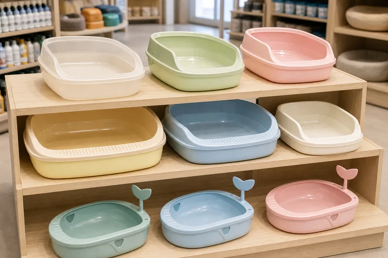 Plastic open cat litter boxes displayed for cat hygiene assortments