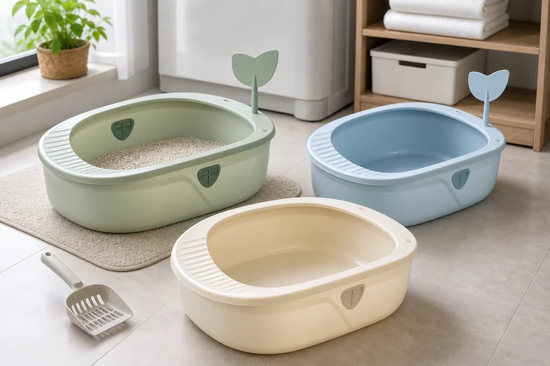 Plastic open cat litter boxes used in a clean home cat hygiene area