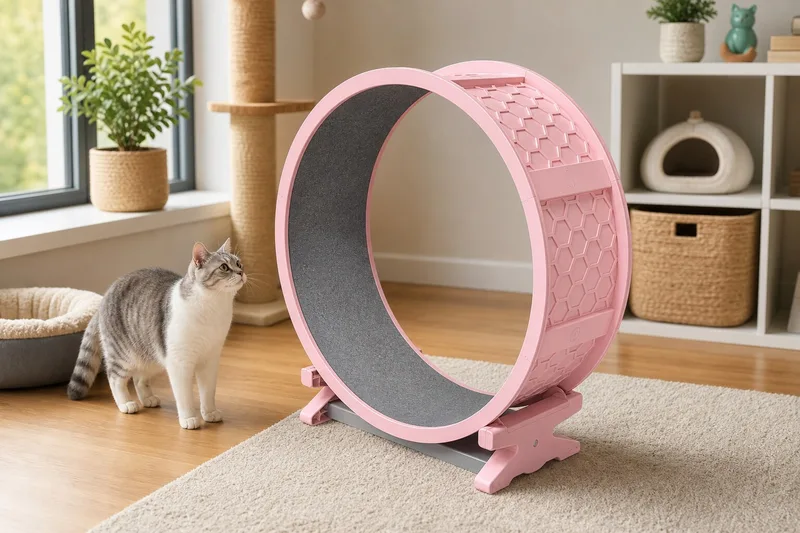 Pink plastic cat exercise wheel used in a clean indoor cat activity corner