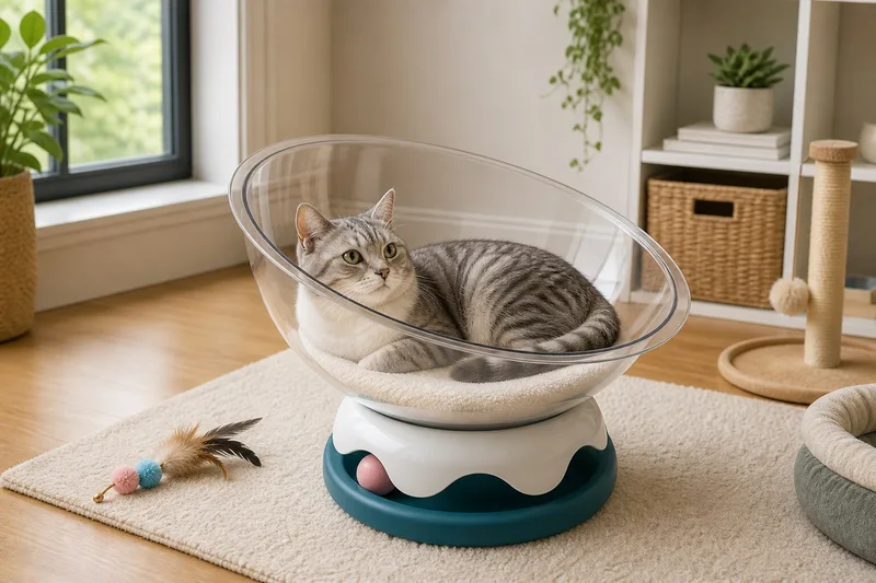 Transparent cat space capsule bed used in a clean indoor cat rest corner