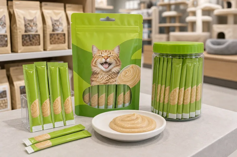 Cat treat tubes and puree sticks displayed as retail-ready cat snack options