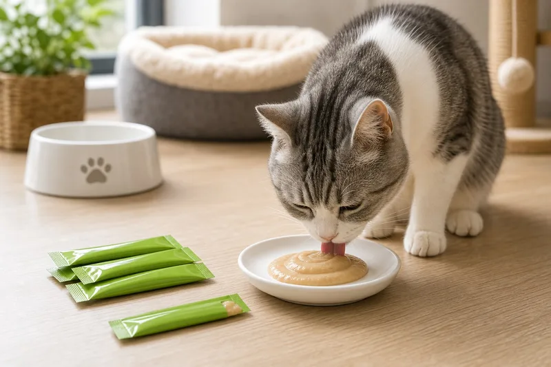 Cat licking puree from a dish with small cat treat tube sachets nearby