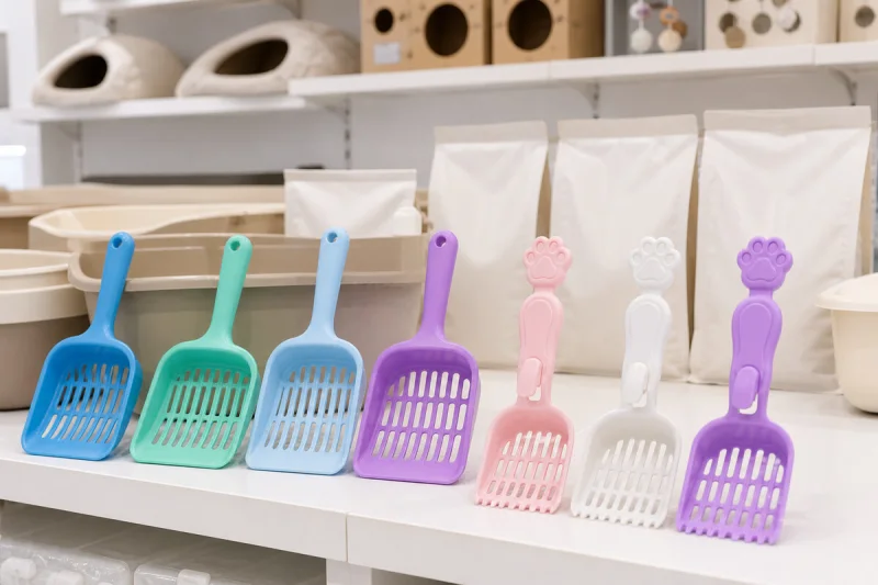 Colorful plastic cat litter scoops arranged for retail display