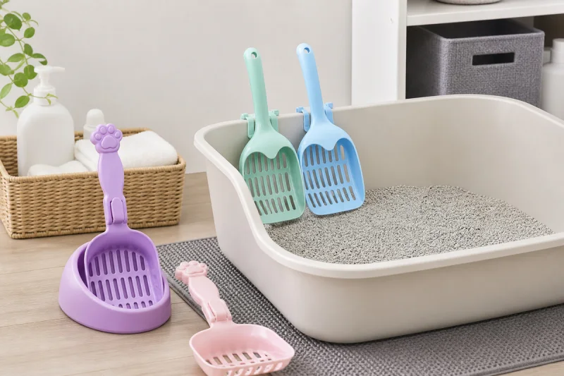 Cat litter scoops shown beside a clean litter box and hygiene station
