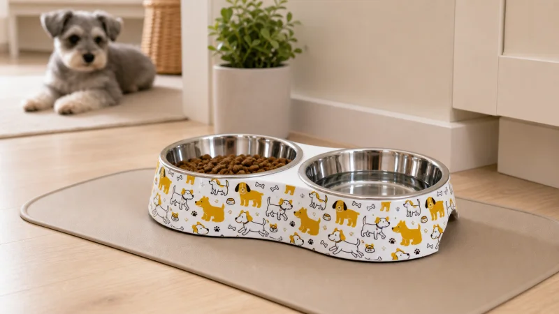 Melamine double pet bowl with kibble and water in a home feeding corner