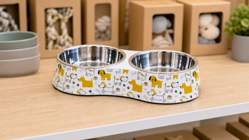 Close-up retail display of melamine double pet bowl with dog pattern