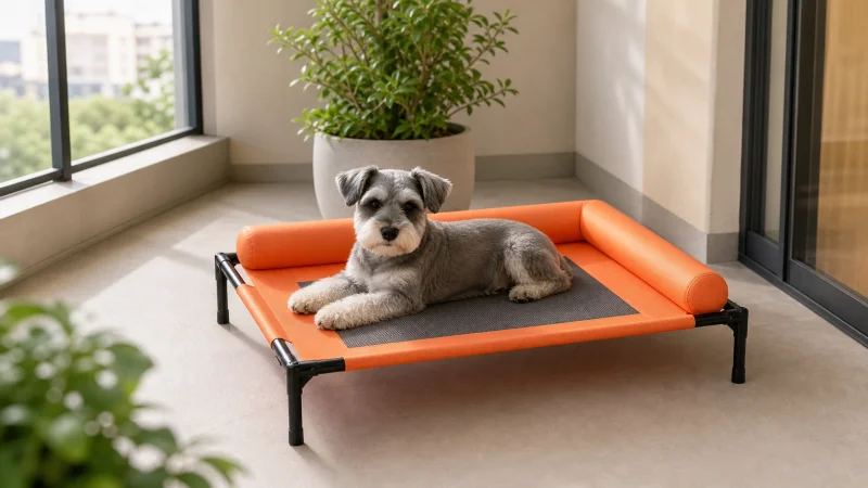 Small dog resting on an orange elevated pet cot on a bright balcony