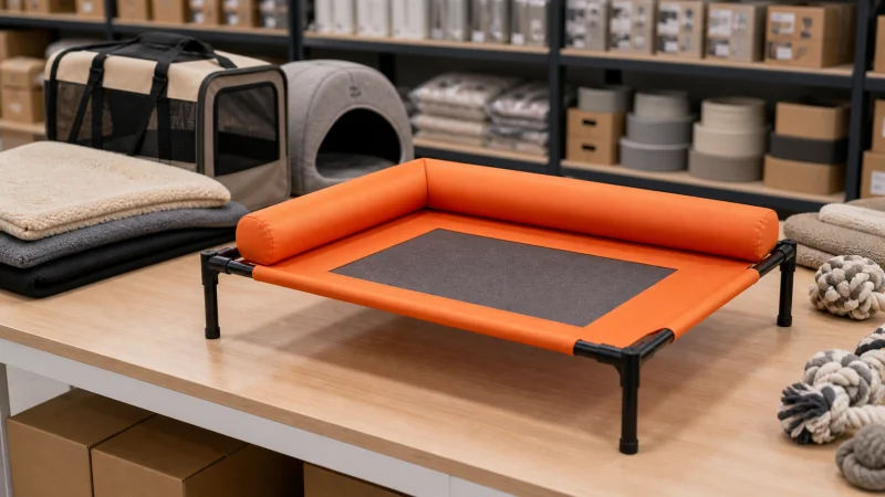 Elevated pet cot shown with pet beds and accessories in a sourcing showroom