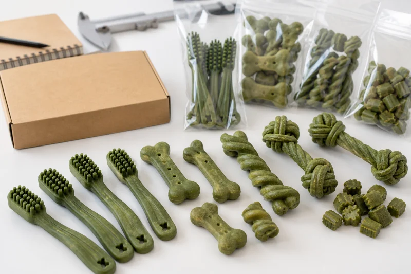 Assortment of shaped dog dental chews with sample bags and carton for wholesale planning