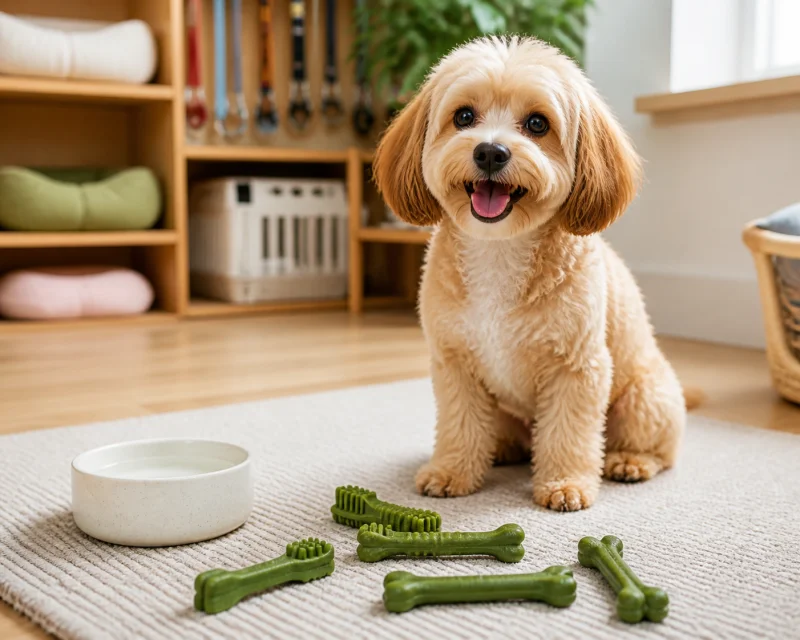 Small dog beside green toothbrush and bone shaped dental chews in a clean pet room