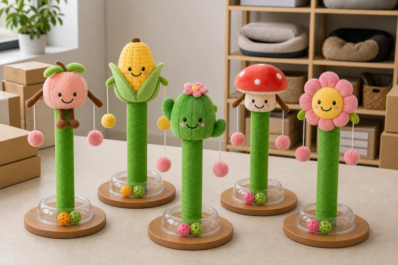 Assortment of fruit flower mushroom and cactus cat scratching post variants for wholesale planning