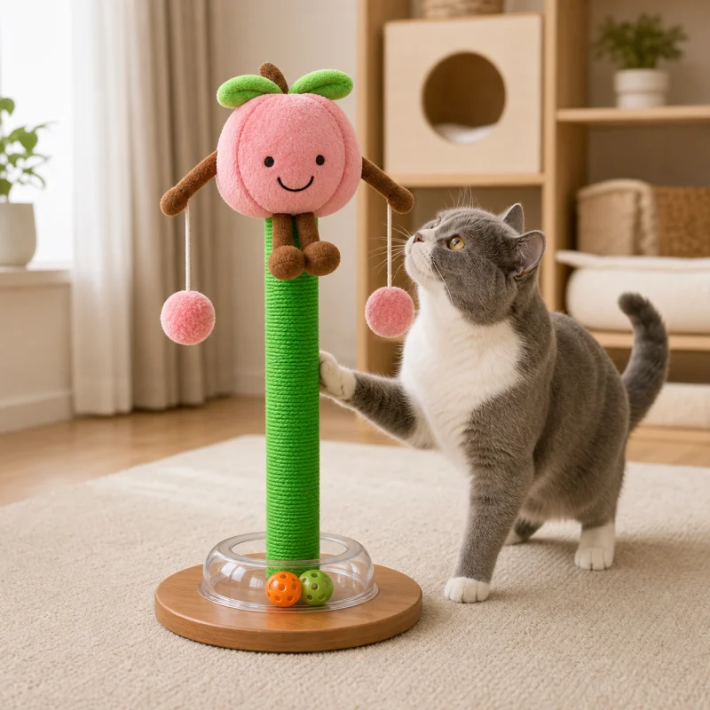 Cat interacting with a compact fruit character scratching post with green sisal column