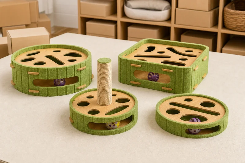 Assortment of round square and raised interactive cat puzzle toy variants for wholesale planning