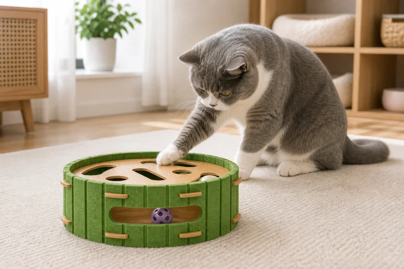 Cat interacting with a green felt hidden-ball puzzle toy with wood-look play panel