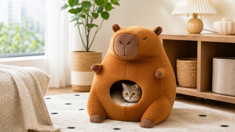 Brown character soft cat cave with a cat resting inside in a home setting