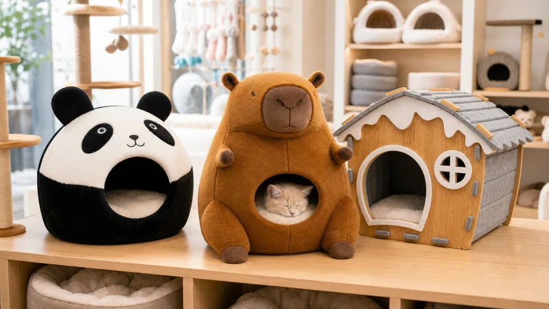 Panda cat cave, brown character cat cave, and house-shaped cat cave arranged for assortment review