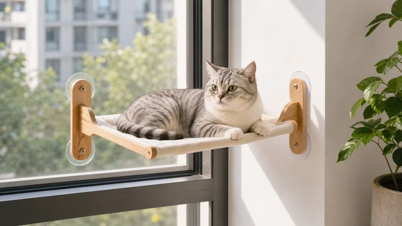Cat resting on a window-mounted hammock with natural wood rails and clear suction cups