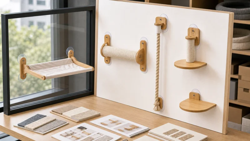 Window hammock, suction cup scratching post, rope climber, and wall steps arranged for wholesale assortment review