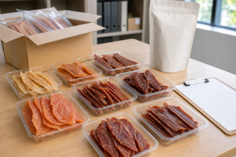 Dog treat samples arranged for B2B product comparison and packaging review