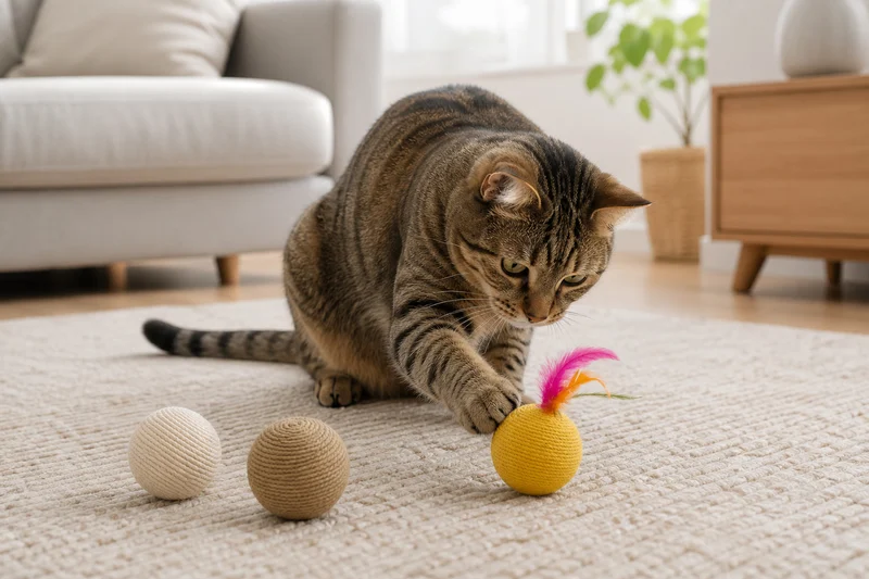 Cat gently batting a small sisal ball with feather detail beside natural rope-ball variants