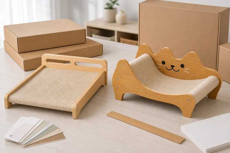 Rectangular and character cat scratching lounges arranged for B2B sample and packaging review