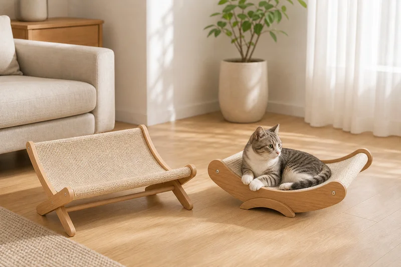 Cat resting on a curved wood-frame scratching lounge beside a folding lounge scratcher