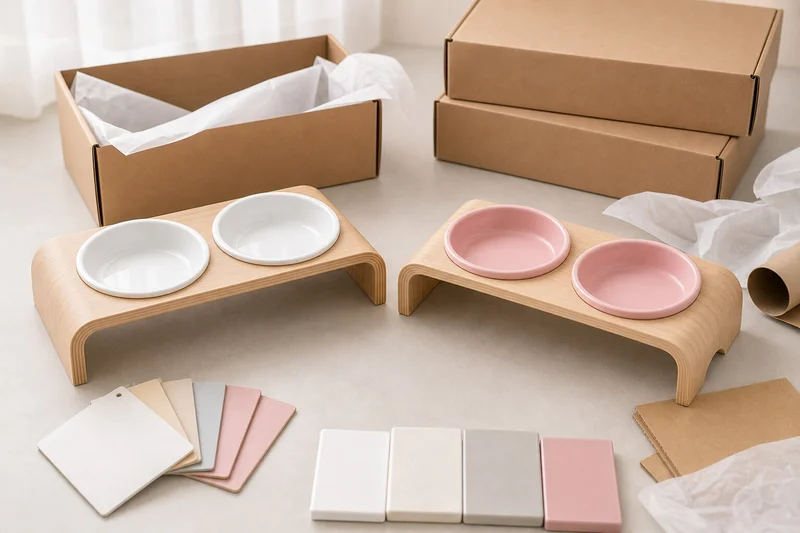White and pink raised cat bowl stands arranged for B2B sample and packaging review