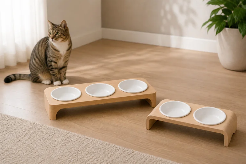Cat near double and three-bowl pale wood raised feeding stations with white ceramic bowls