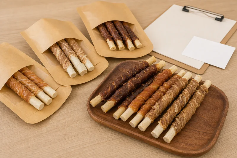 Meat-wrapped dog chew rolls arranged with unbranded sample pouches for B2B packaging review