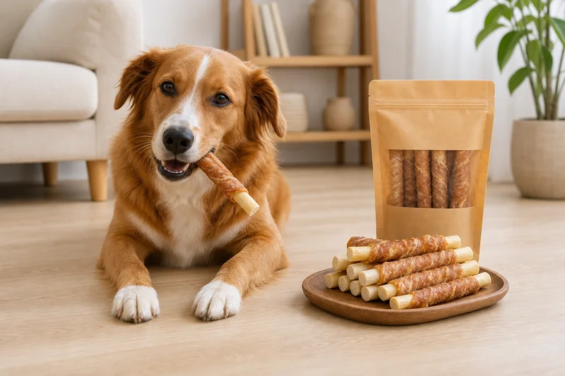 Adult dog holding a meat-wrapped chew roll beside an unbranded pouch and matching chew assortment