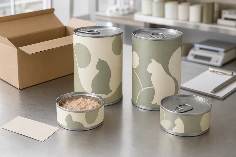 Small and large unbranded canned cat food formats arranged for sample and export-carton packaging review