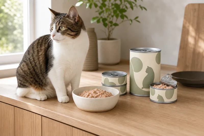 Adult cat beside unbranded small and large canned wet cat food formats and a ceramic feeding bowl