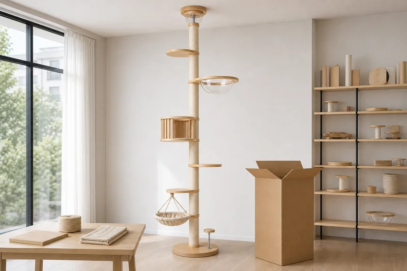 Floor-to-ceiling cat tower displayed with a plain export carton and material samples for B2B product review