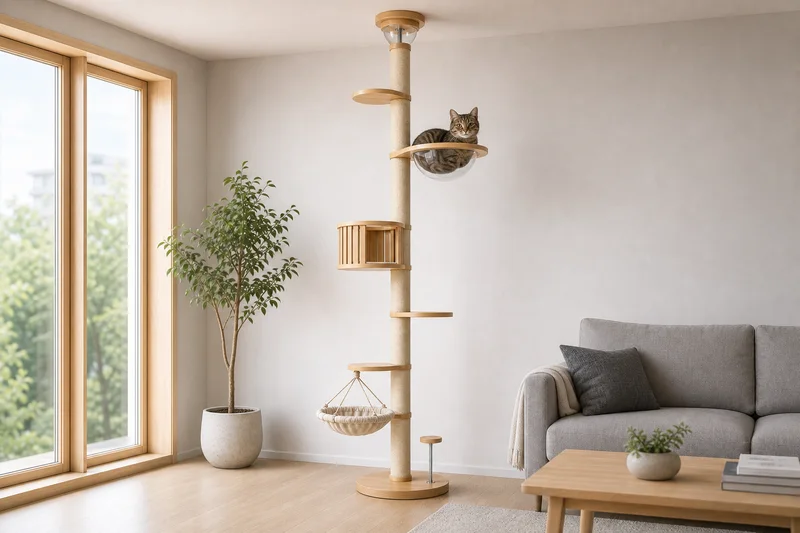 Adult cat resting in the clear bubble bowl of a natural wood floor-to-ceiling cat tower