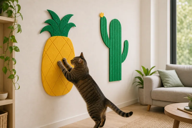 Adult tabby cat near pineapple and cactus shaped felt wall scratchers in a bright home