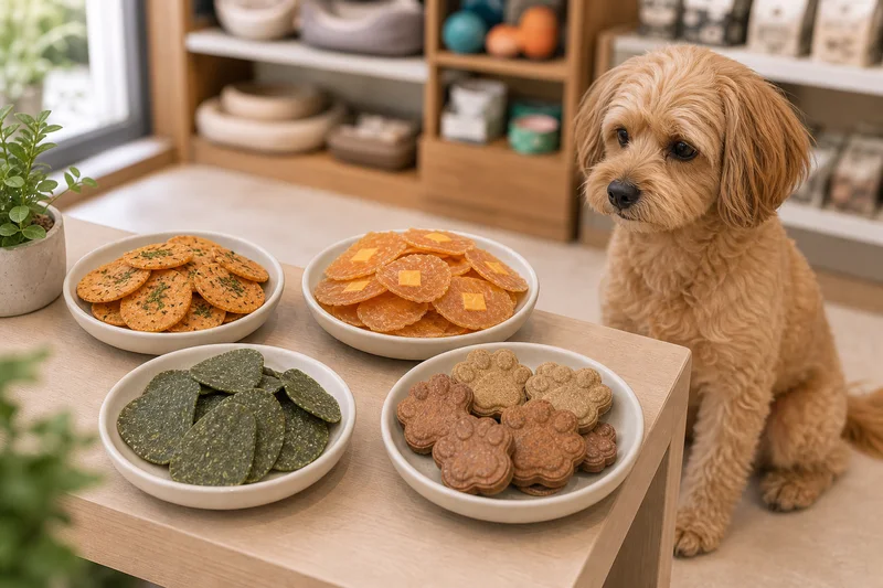 Pet crisp and baked biscuit display beside a small dog in a pet-store consultation setting