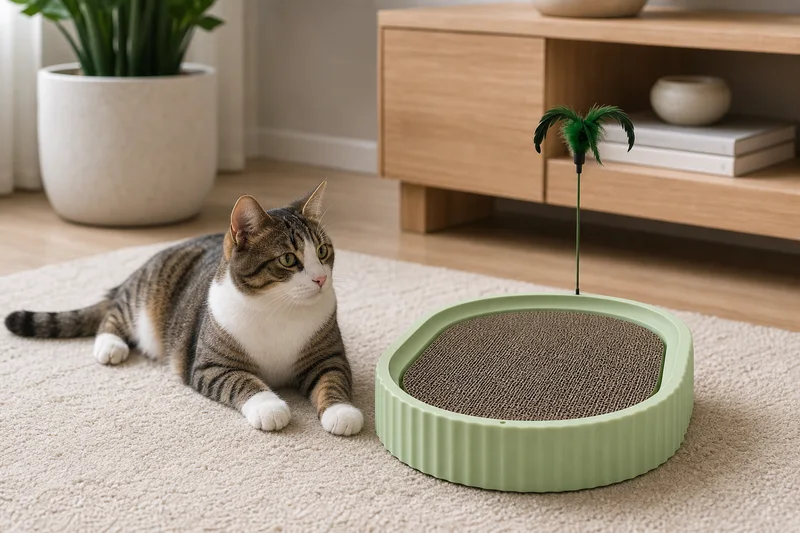 Adult cat beside a pale green low-profile tray with corrugated center and feather teaser detail