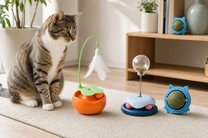 Adult cat beside a wobble teaser, spring ball, and compact cat grass ball toy