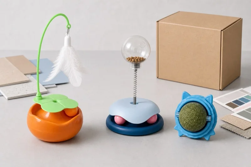 Interactive cat toy samples with a plain carton for sourcing review