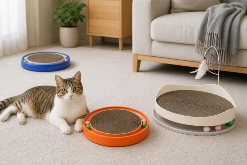 Adult cat beside an orange round turntable scratcher and cream double-layer cat scratcher
