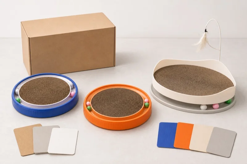 Round cat turntable scratcher and double-layer cat scratcher samples with a plain carton for sourcing review