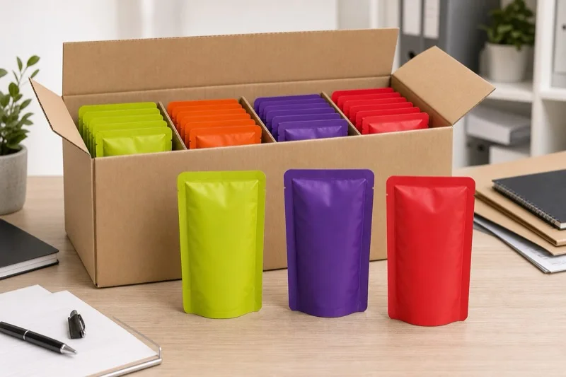 Unbranded coloured cat wet food pouches grouped inside an open export carton for sample and packing review