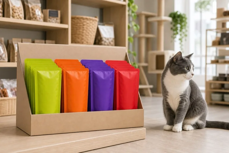 Unbranded wet cat food pouch display in a pet shop with a grey and white adult cat nearby