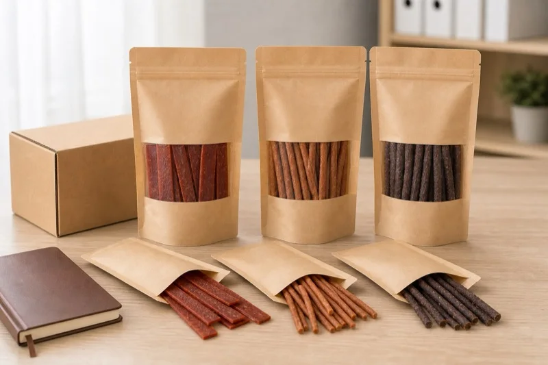 Unbranded pouches of flat strips, light sticks, and dark sticks prepared for dog treat sample and packaging review