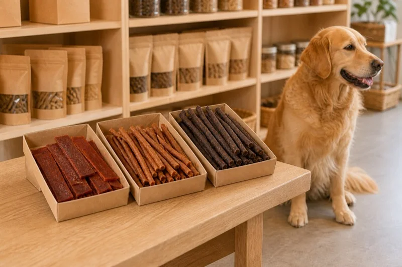 Flat strips and two stick formats displayed in unbranded trays in a pet store with a golden retriever nearby